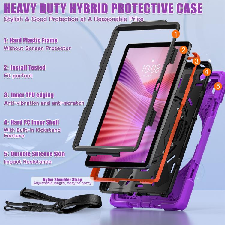 For Lenovo Tab 10.1 2025 / ZhaoYang K10c Rotatable Holder Silicone Hybrid PC Tablet Case with Shoulder Strap