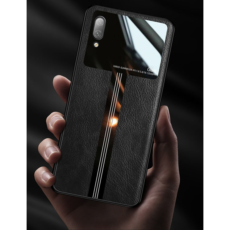 For Huawei Enjoy 9 Leather Texture PU + Glass + TPU Shockproof Protective Case