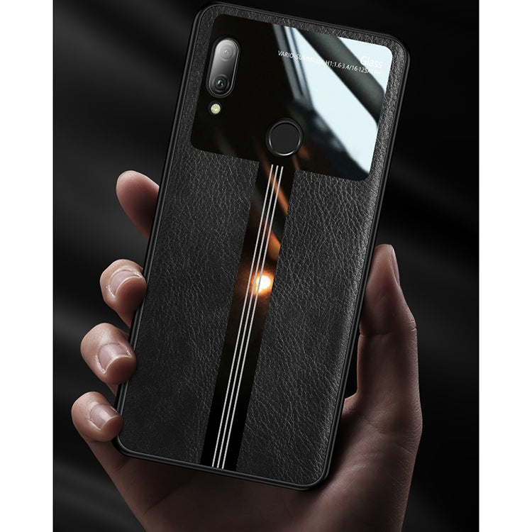 For Huawei Enjoy 9 Plus Leather Texture PU + Glass + TPU Shockproof Protective Case