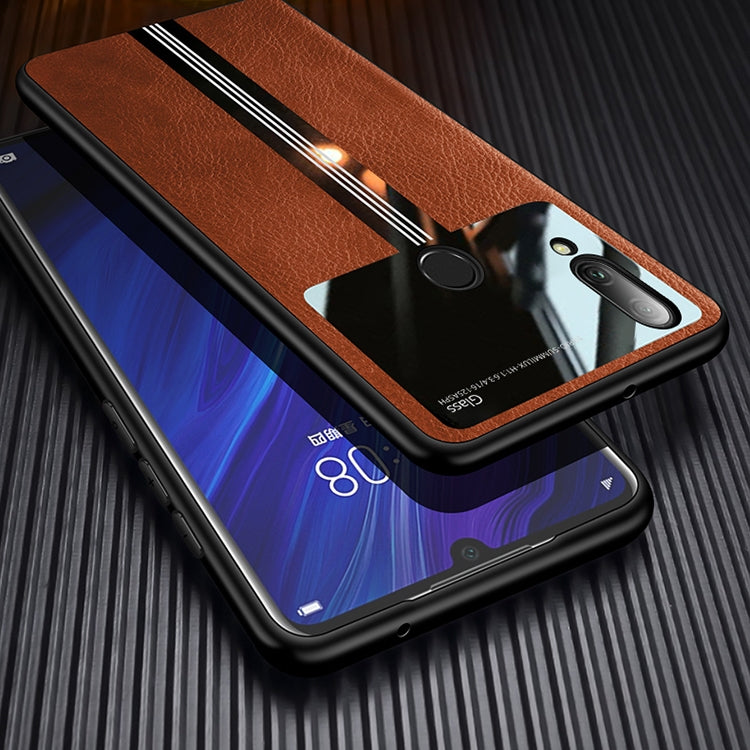 For Huawei Enjoy 9 Plus Leather Texture PU + Glass + TPU Shockproof Protective Case