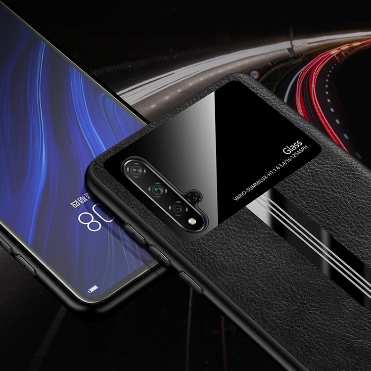 For Huawei Honor 20 Leather Texture PU + Glass + TPU Shockproof Protective Case