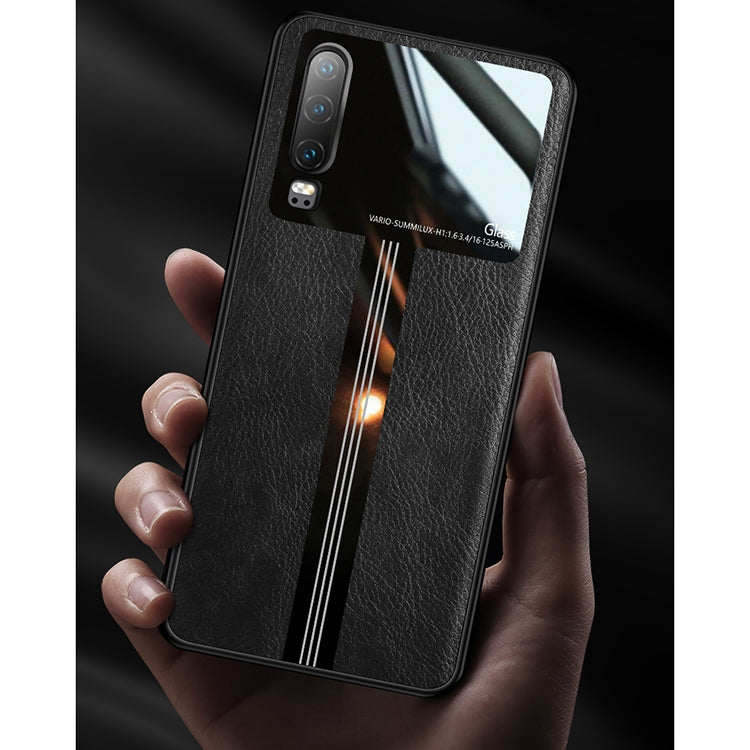For Huawei P30 Leather Texture PU + Glass + TPU Shockproof Protective Case