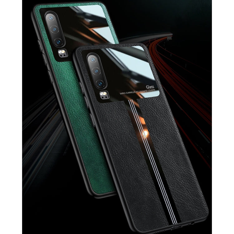For Huawei P30 Leather Texture PU + Glass + TPU Shockproof Protective Case