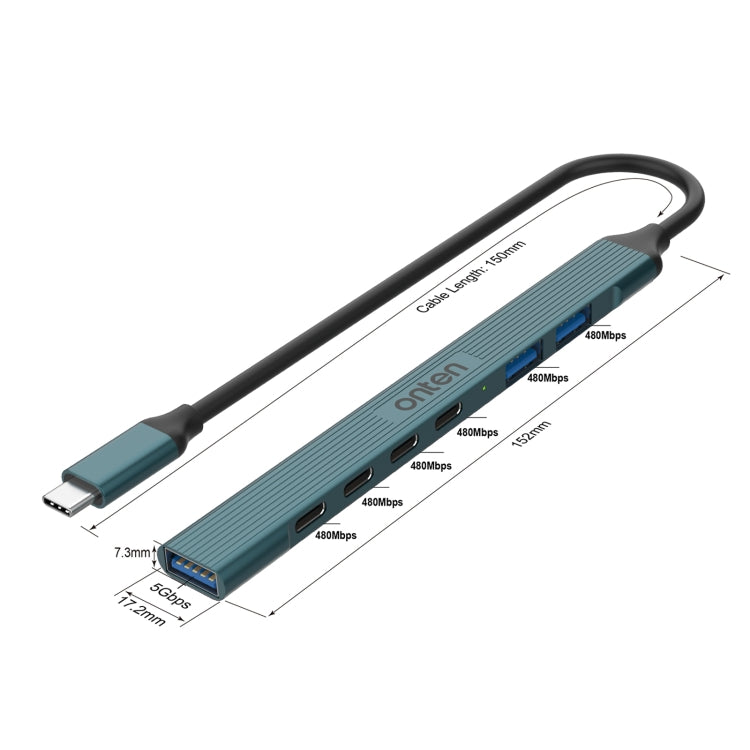 Onten UC972C 7 in 1 USB-C / Type-C to USB3.0 + USB2.0x2 + Type-Cx4 HUB Docking Station - Pine Green