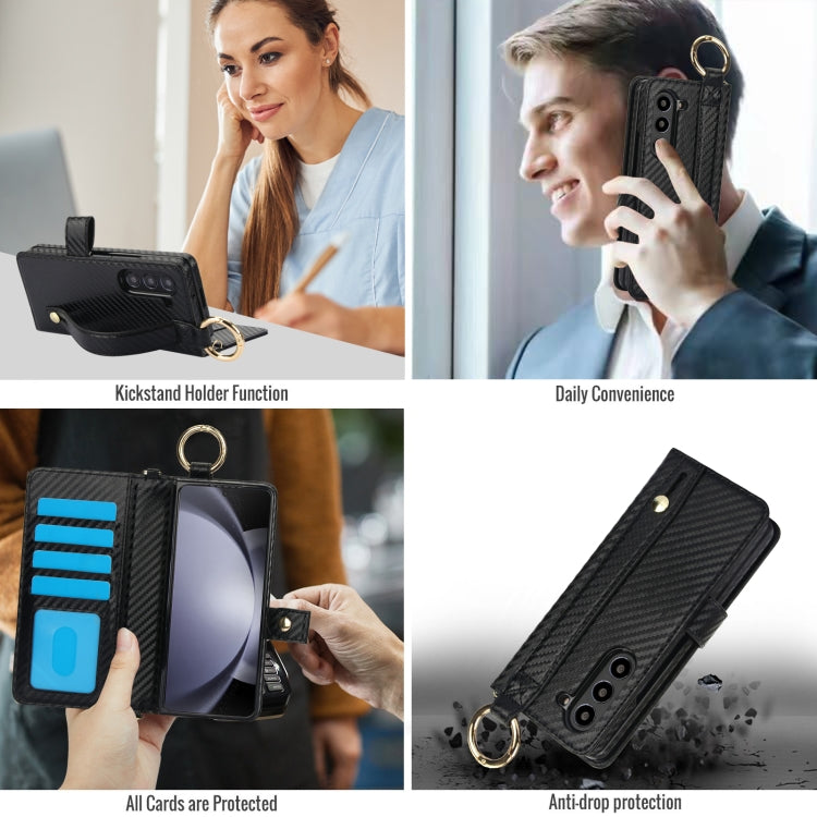 For Samsung Galaxy Z Fold4 Solid Color Wristband Ring RFID Leather Phone Case with Lanyard
