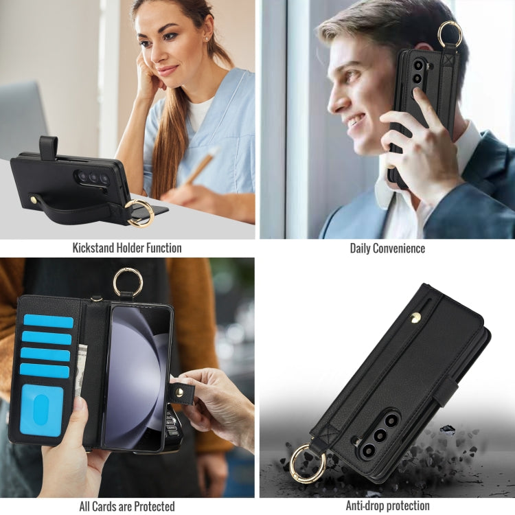 For Samsung Galaxy Z Fold4 Solid Color Wristband Ring RFID Leather Phone Case with Lanyard