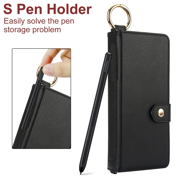 For Samsung Galaxy Z Fold4 Solid Color Wristband Ring RFID Leather Phone Case with Lanyard