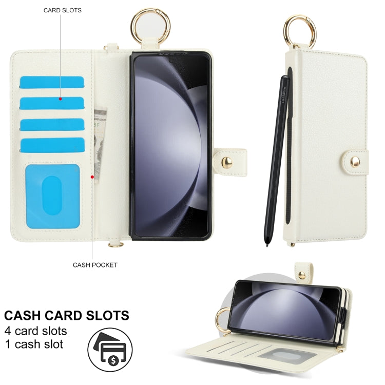 For Samsung Galaxy Z Fold4 Solid Color Wristband Ring RFID Leather Phone Case with Lanyard