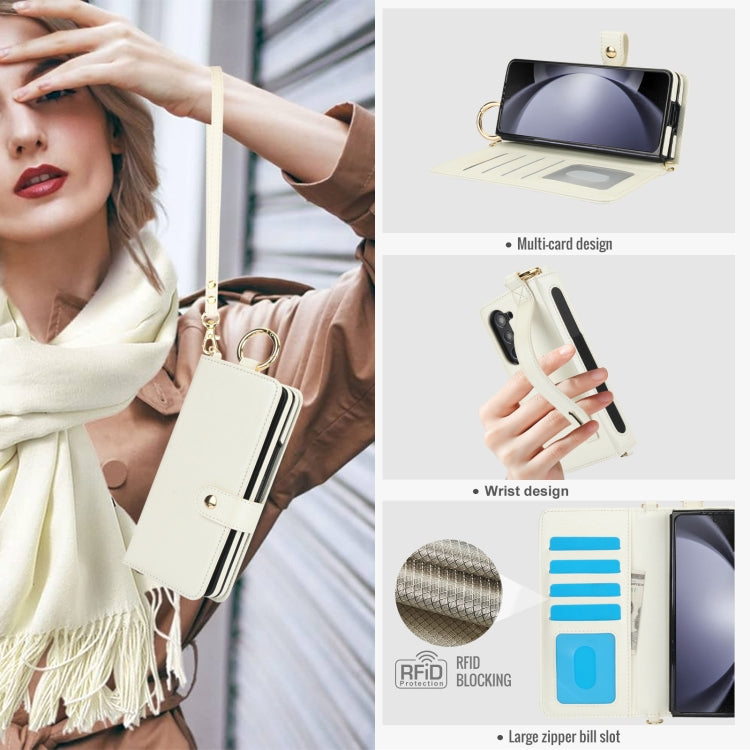 For Samsung Galaxy Z Fold4 Solid Color Wristband Ring RFID Leather Phone Case with Lanyard
