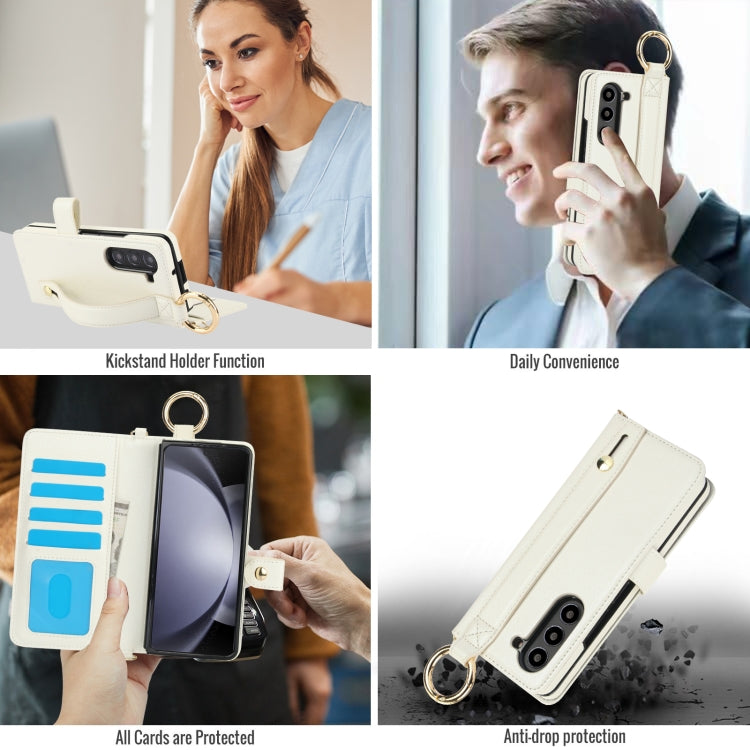 For Samsung Galaxy Z Fold4 Solid Color Wristband Ring RFID Leather Phone Case with Lanyard