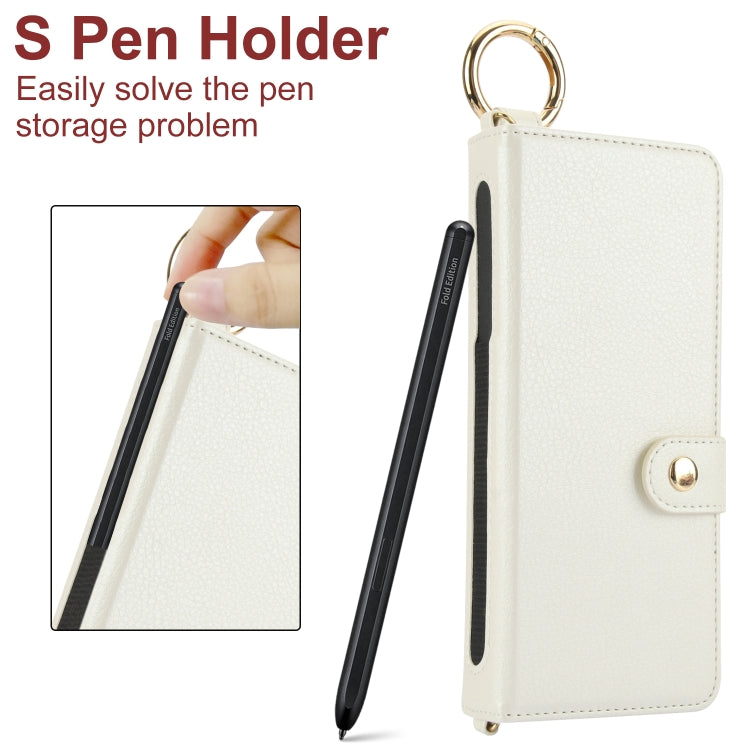 For Samsung Galaxy Z Fold4 Solid Color Wristband Ring RFID Leather Phone Case with Lanyard
