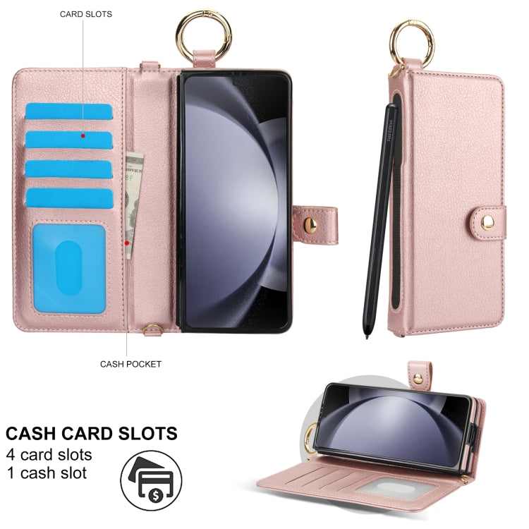 For Samsung Galaxy Z Fold4 Solid Color Wristband Ring RFID Leather Phone Case with Lanyard