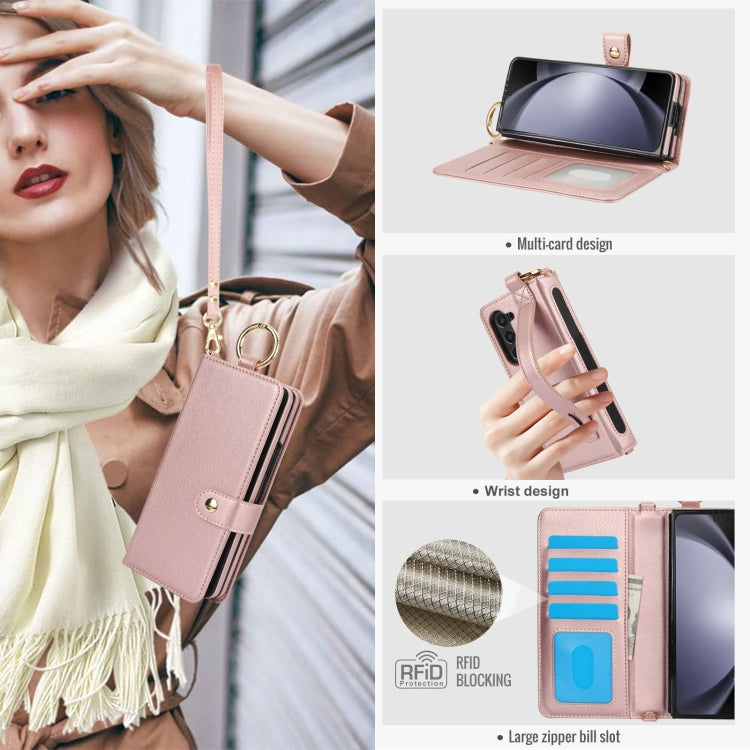 For Samsung Galaxy Z Fold4 Solid Color Wristband Ring RFID Leather Phone Case with Lanyard