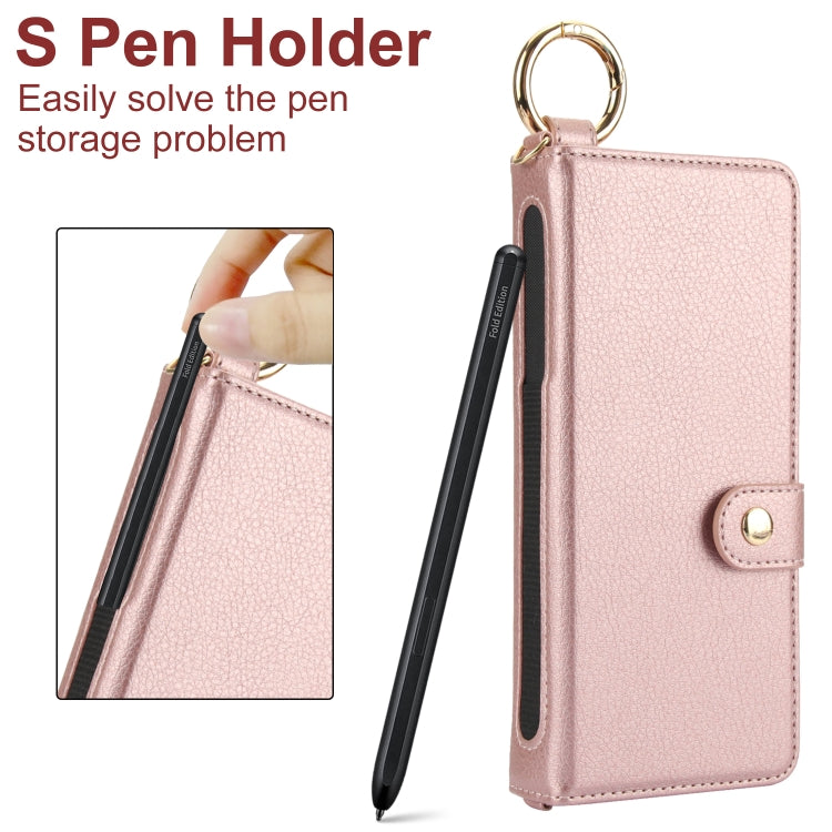 For Samsung Galaxy Z Fold4 Solid Color Wristband Ring RFID Leather Phone Case with Lanyard