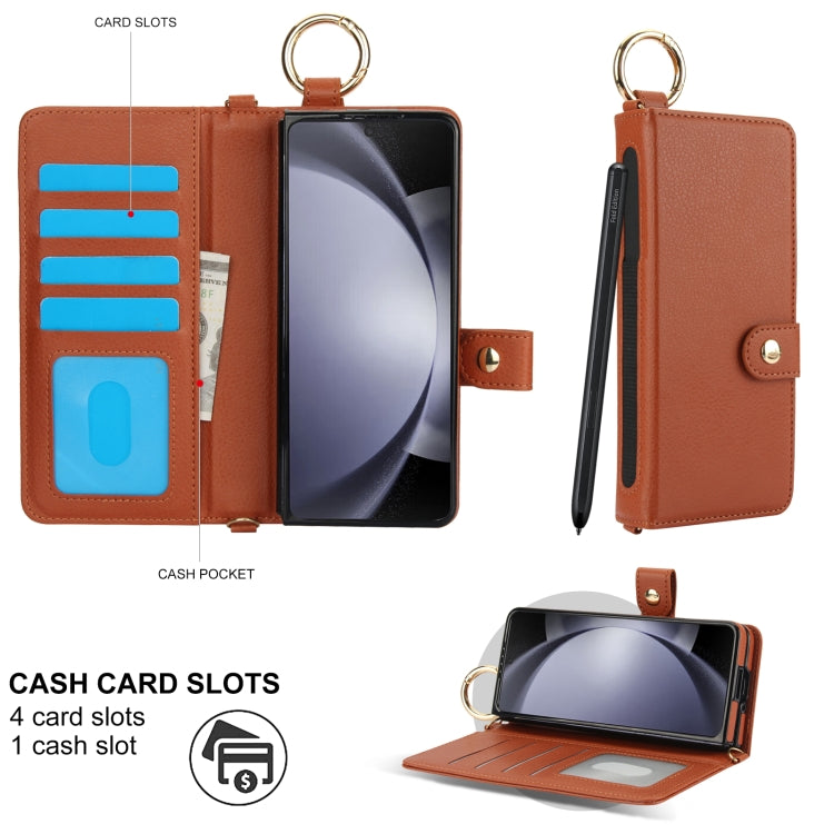 For Samsung Galaxy Z Fold4 Solid Color Wristband Ring RFID Leather Phone Case with Lanyard