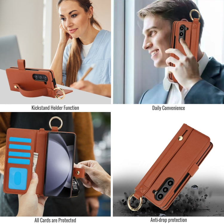 For Samsung Galaxy Z Fold4 Solid Color Wristband Ring RFID Leather Phone Case with Lanyard