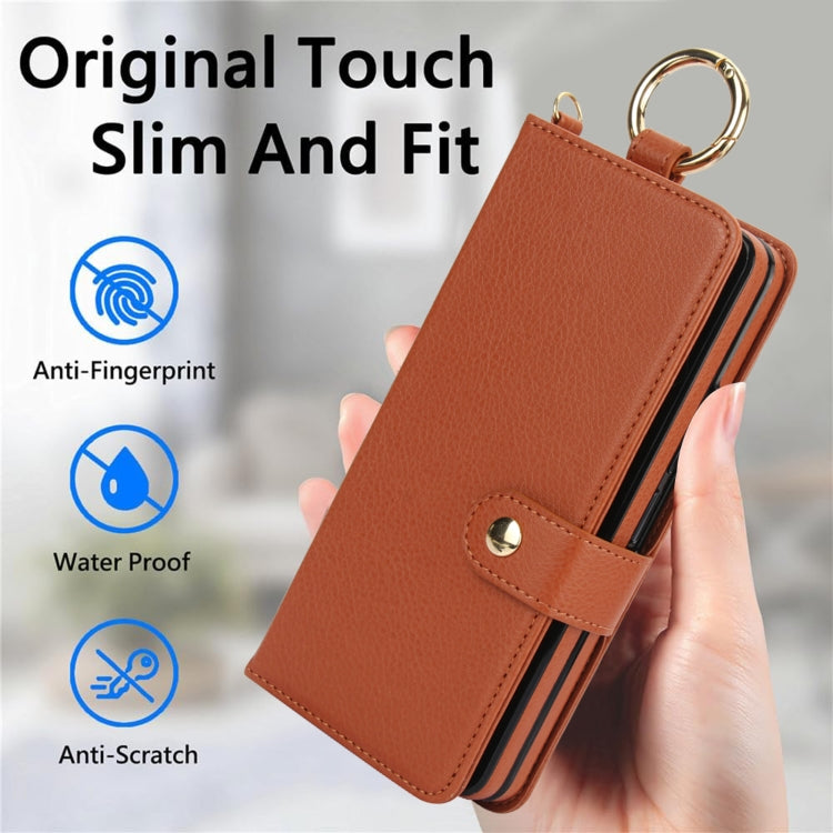 For Samsung Galaxy Z Fold4 Solid Color Wristband Ring RFID Leather Phone Case with Lanyard