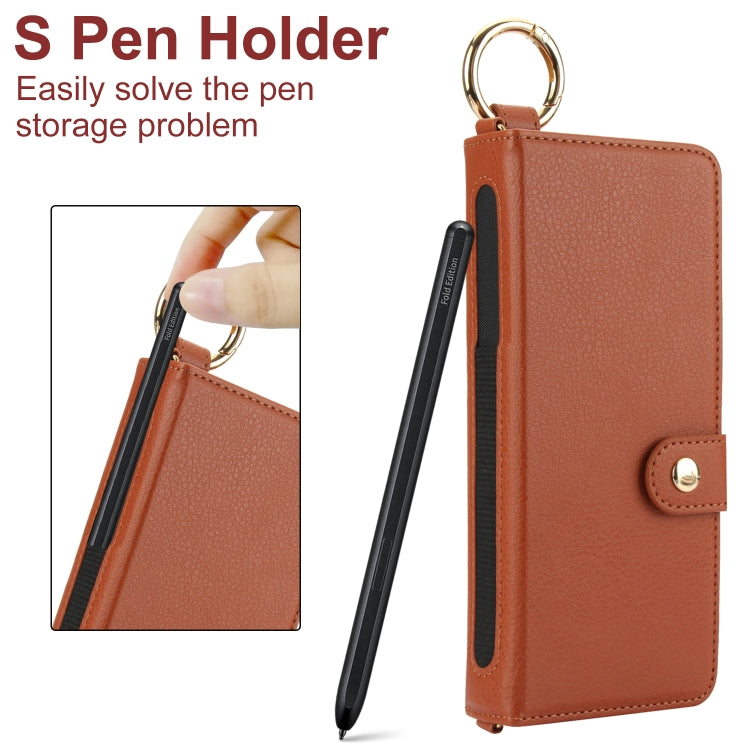 For Samsung Galaxy Z Fold4 Solid Color Wristband Ring RFID Leather Phone Case with Lanyard