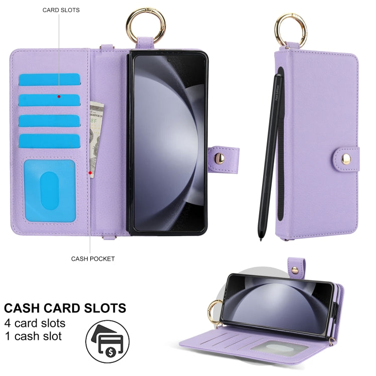 For Samsung Galaxy Z Fold4 Solid Color Wristband Ring RFID Leather Phone Case with Lanyard