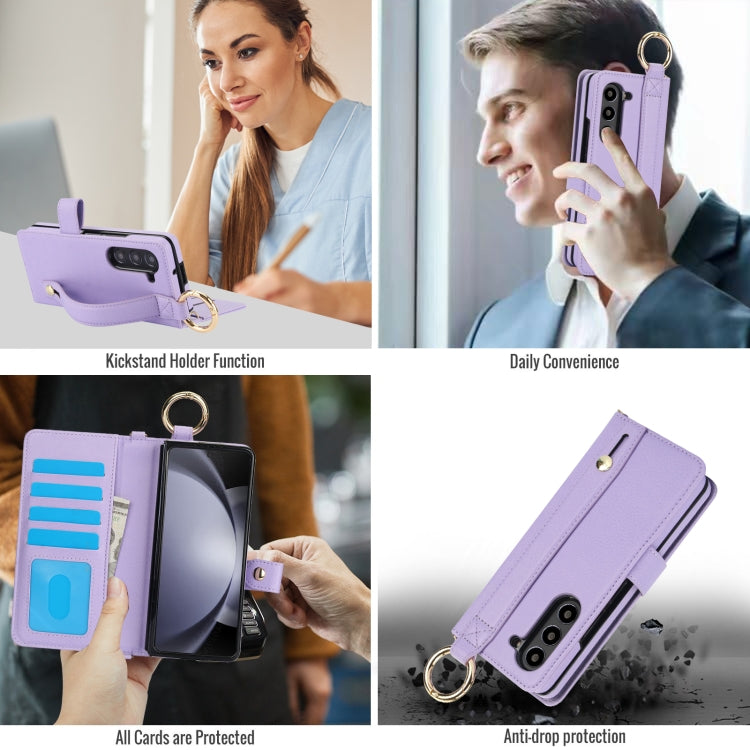 For Samsung Galaxy Z Fold4 Solid Color Wristband Ring RFID Leather Phone Case with Lanyard