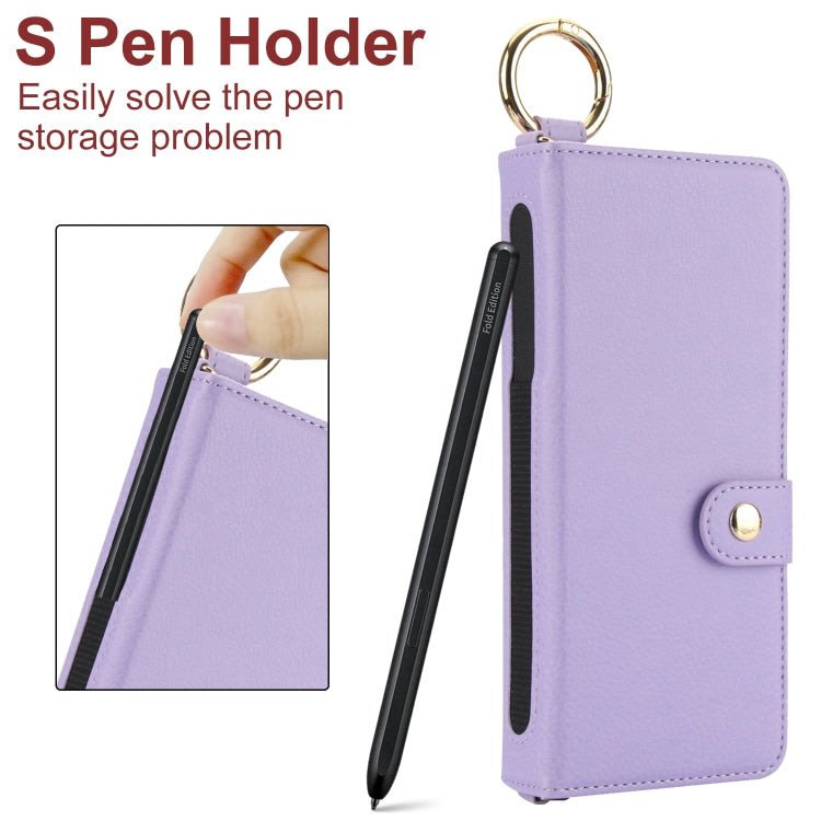 For Samsung Galaxy Z Fold4 Solid Color Wristband Ring RFID Leather Phone Case with Lanyard