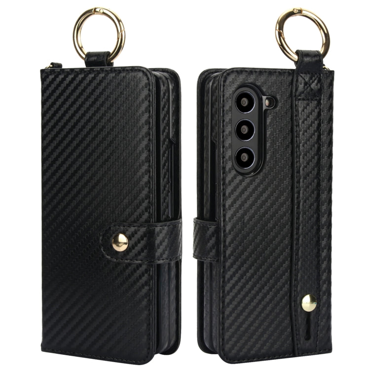 For Samsung Galaxy Z Fold5 Solid Color Wristband Ring RFID Leather Phone Case with Lanyard