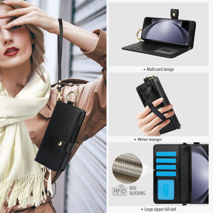 For Samsung Galaxy Z Fold5 Solid Color Wristband Ring RFID Leather Phone Case with Lanyard