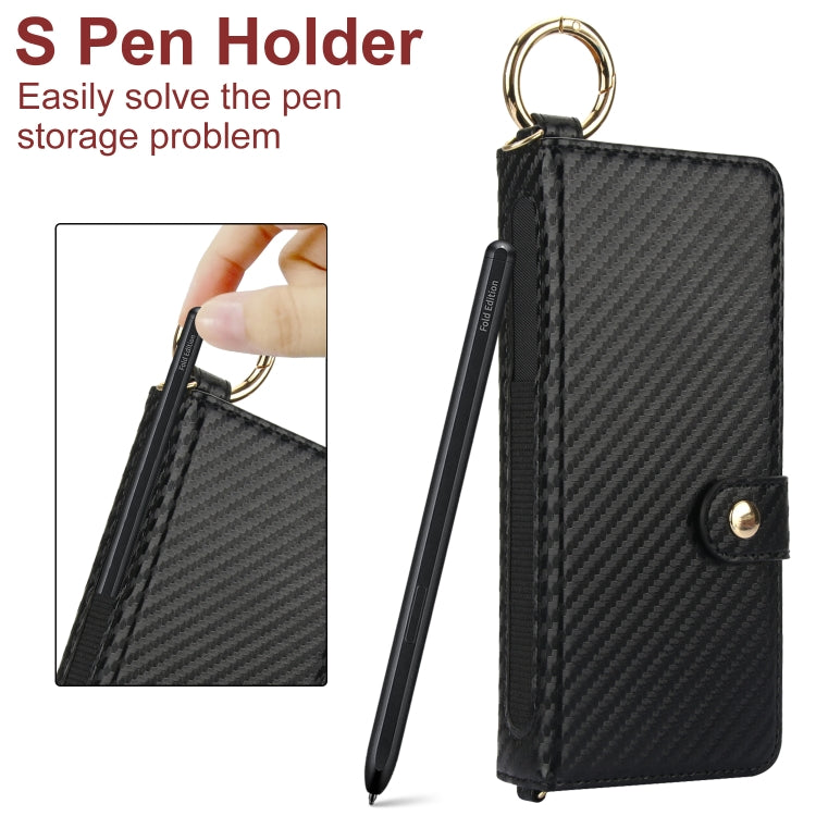 For Samsung Galaxy Z Fold5 Solid Color Wristband Ring RFID Leather Phone Case with Lanyard