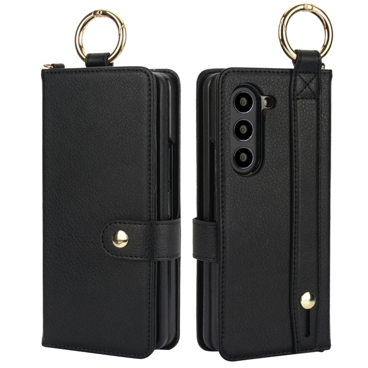 For Samsung Galaxy Z Fold5 Solid Color Wristband Ring RFID Leather Phone Case with Lanyard