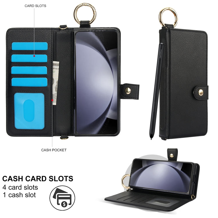 For Samsung Galaxy Z Fold5 Solid Color Wristband Ring RFID Leather Phone Case with Lanyard