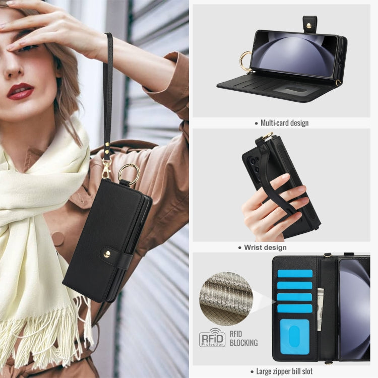 For Samsung Galaxy Z Fold5 Solid Color Wristband Ring RFID Leather Phone Case with Lanyard