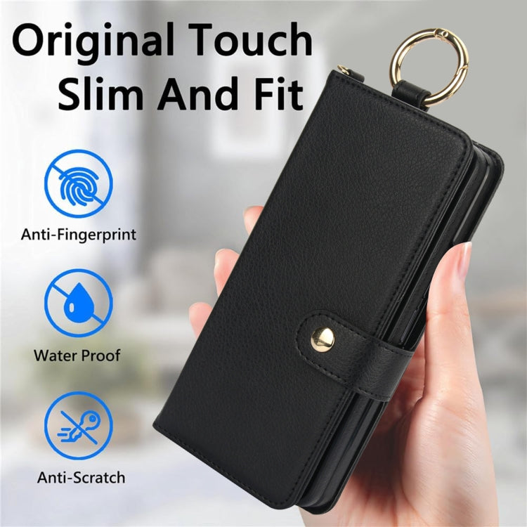 For Samsung Galaxy Z Fold5 Solid Color Wristband Ring RFID Leather Phone Case with Lanyard