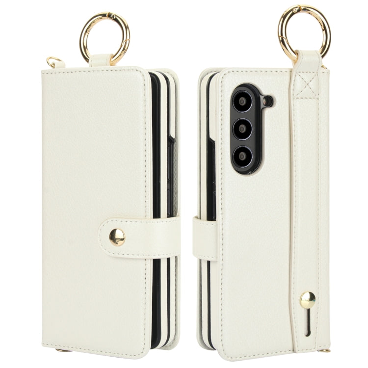 For Samsung Galaxy Z Fold5 Solid Color Wristband Ring RFID Leather Phone Case with Lanyard