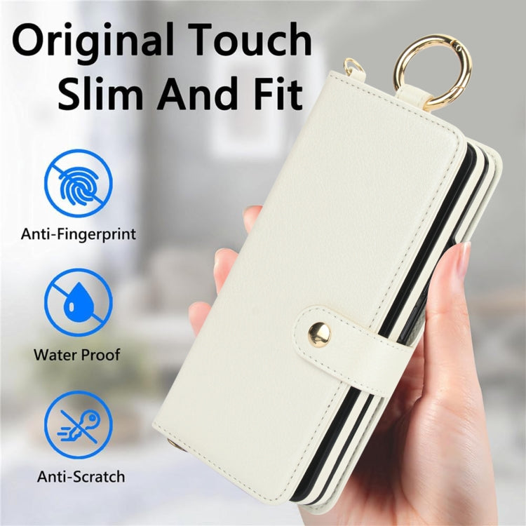For Samsung Galaxy Z Fold5 Solid Color Wristband Ring RFID Leather Phone Case with Lanyard