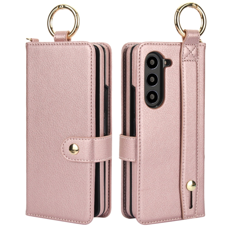 For Samsung Galaxy Z Fold5 Solid Color Wristband Ring RFID Leather Phone Case with Lanyard
