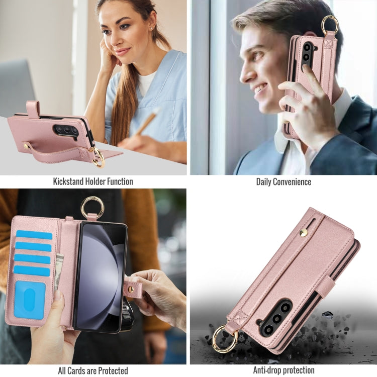 For Samsung Galaxy Z Fold5 Solid Color Wristband Ring RFID Leather Phone Case with Lanyard