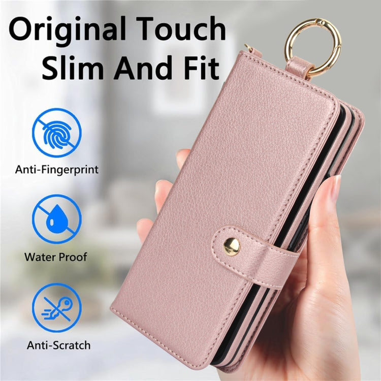 For Samsung Galaxy Z Fold5 Solid Color Wristband Ring RFID Leather Phone Case with Lanyard