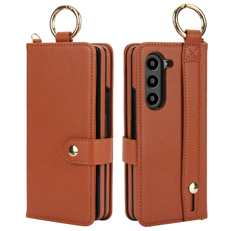 For Samsung Galaxy Z Fold5 Solid Color Wristband Ring RFID Leather Phone Case with Lanyard