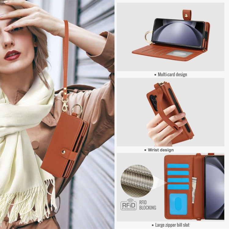 For Samsung Galaxy Z Fold5 Solid Color Wristband Ring RFID Leather Phone Case with Lanyard