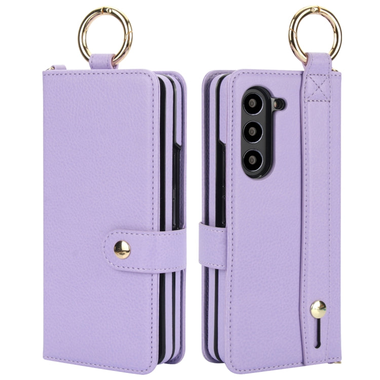 For Samsung Galaxy Z Fold5 Solid Color Wristband Ring RFID Leather Phone Case with Lanyard