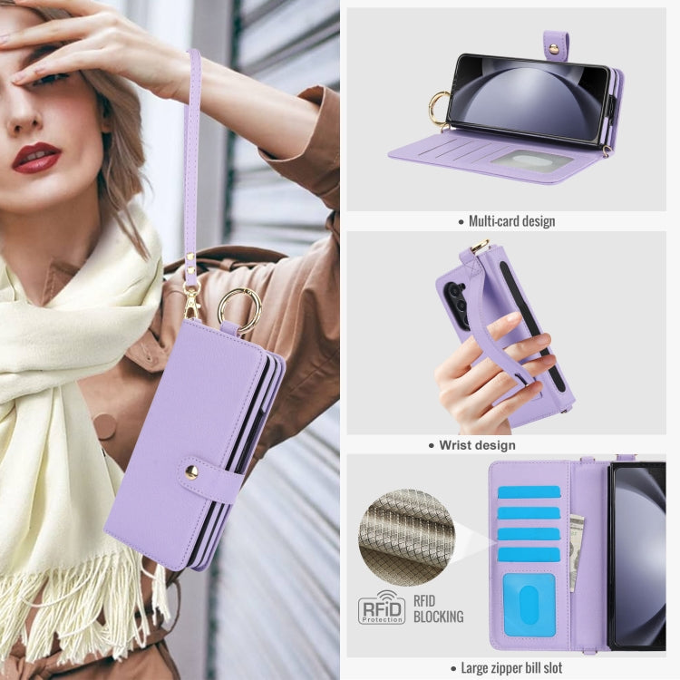 For Samsung Galaxy Z Fold5 Solid Color Wristband Ring RFID Leather Phone Case with Lanyard