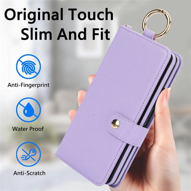 For Samsung Galaxy Z Fold5 Solid Color Wristband Ring RFID Leather Phone Case with Lanyard