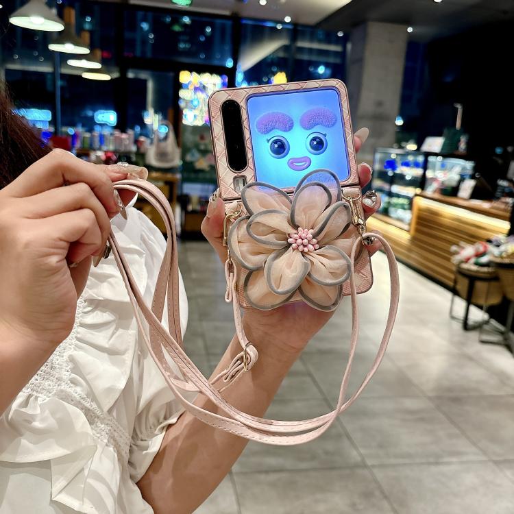 For Huawei Pura X Colorful Woven Pattern 3D Yarn Flower Phone Case with Lanyard