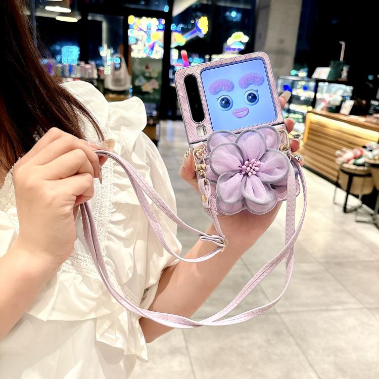 For Huawei Pura X Colorful Woven Pattern 3D Yarn Flower Phone Case with Lanyard