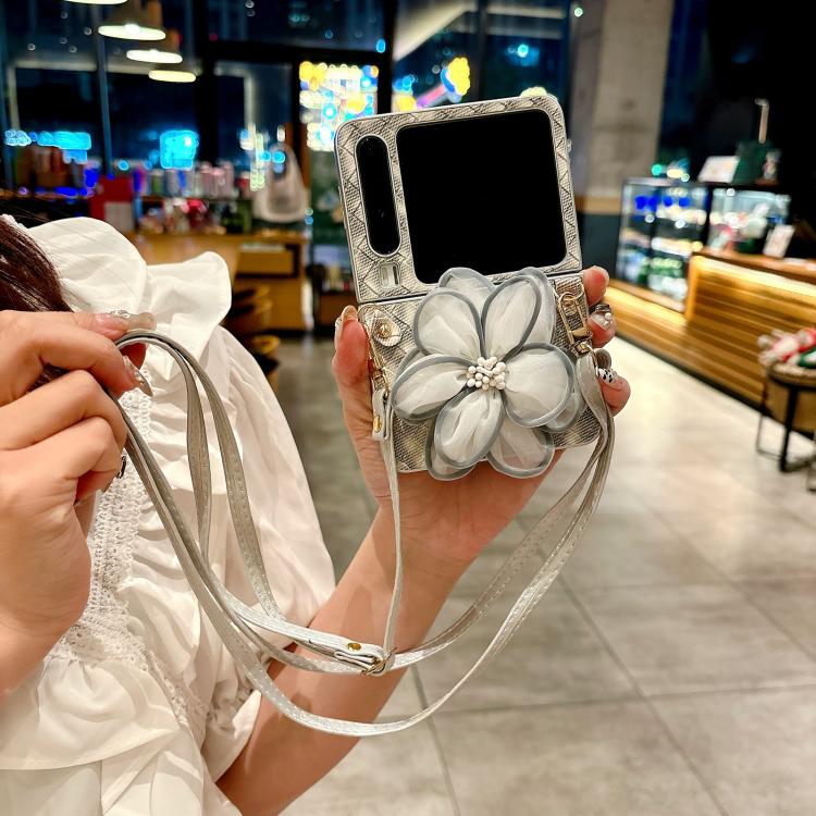 For Huawei Pura X Colorful Woven Pattern 3D Yarn Flower Phone Case with Lanyard