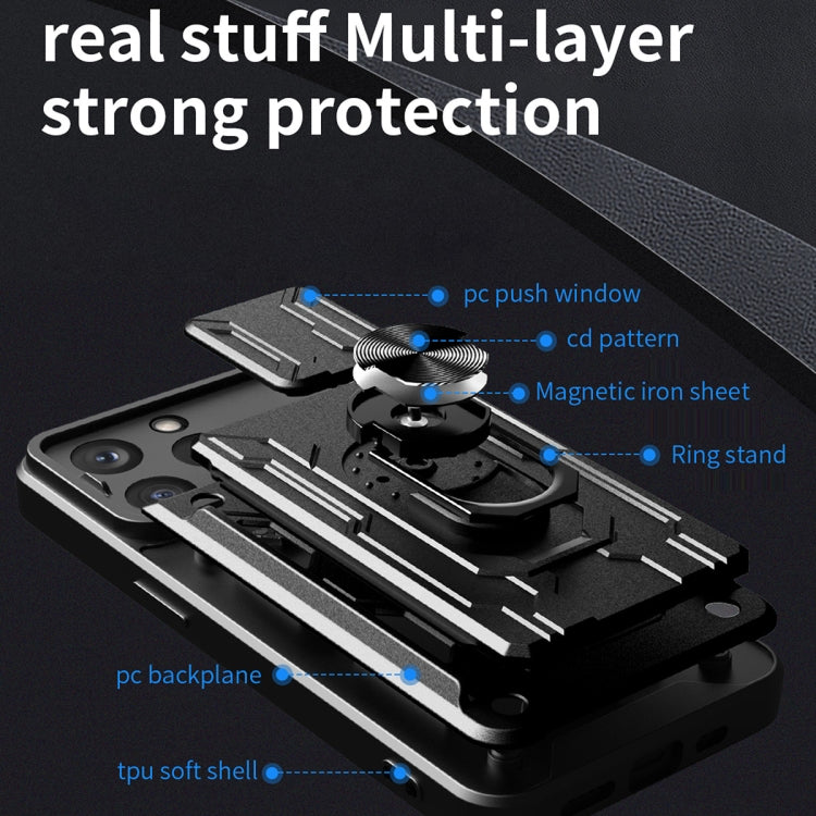 For iPhone 15 Pro Sliding Camshield TPU+PC Phone Case with Card Slot