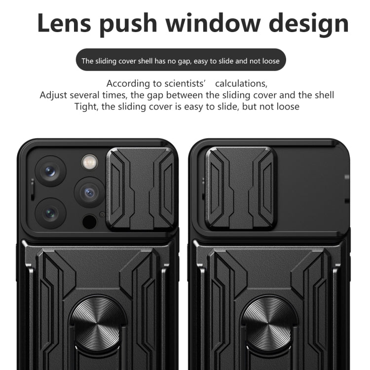 For iPhone 15 Pro Sliding Camshield TPU+PC Phone Case with Card Slot