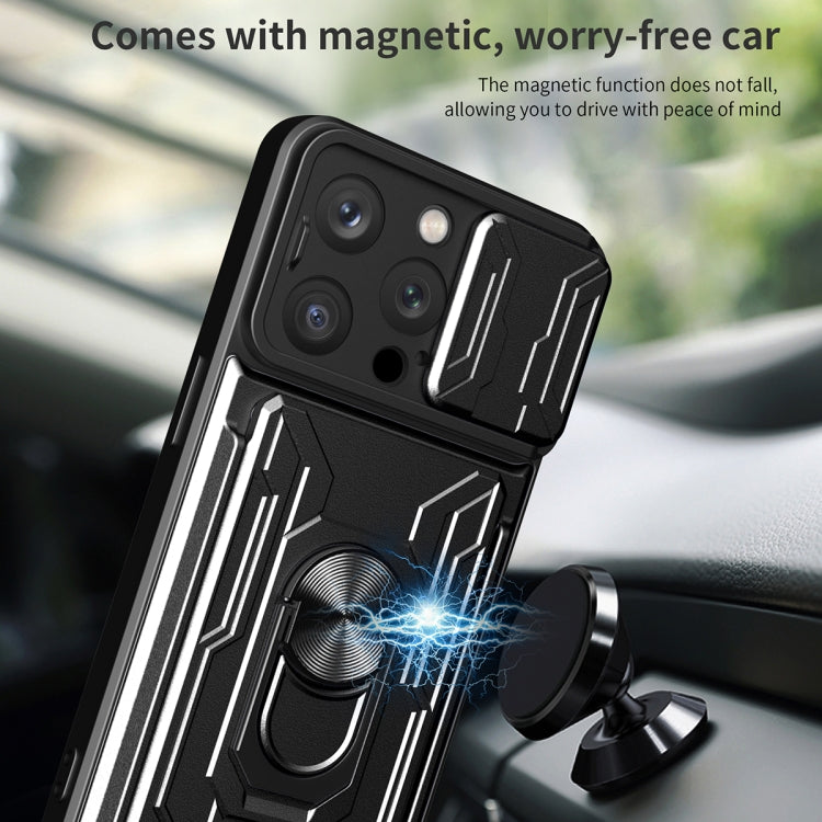 For iPhone 15 Pro Sliding Camshield TPU+PC Phone Case with Card Slot