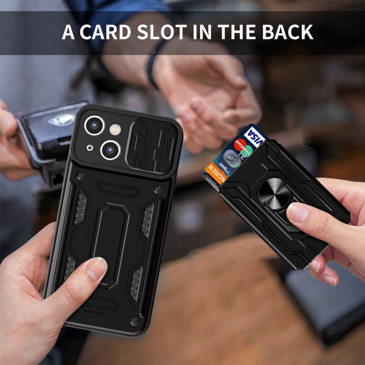 For iPhone 15 Plus Sliding Camshield TPU+PC Phone Case with Card Slot