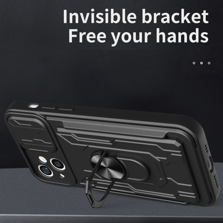 For iPhone 15 Sliding Camshield TPU+PC Phone Case with Card Slot